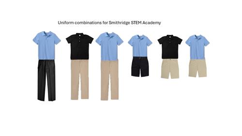 Uniform Combinations: Blue polo, black pants, black pol, khaki pants